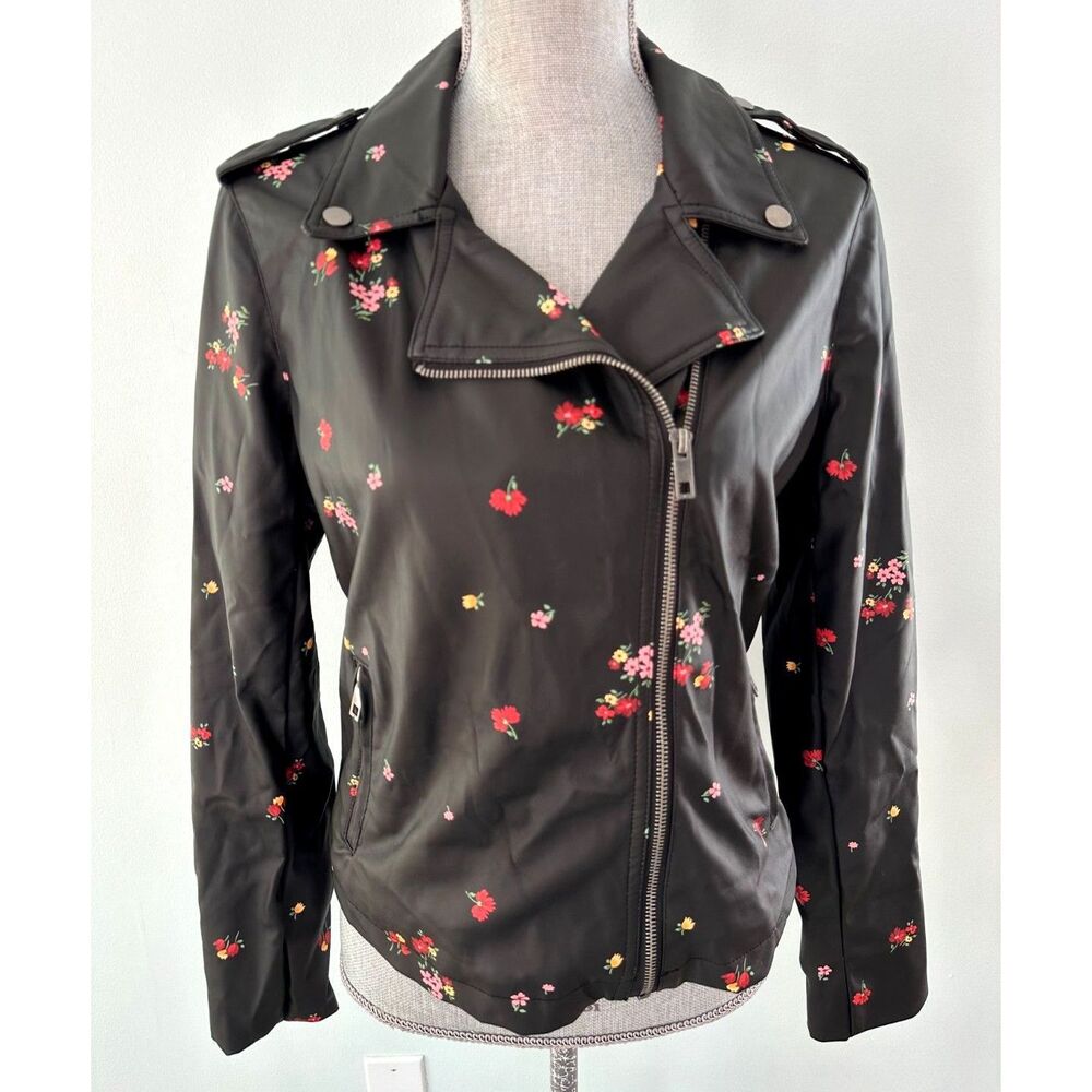 Who What Wear Edgy Black Floral Faux Leather Biker Moto Jacket size Small